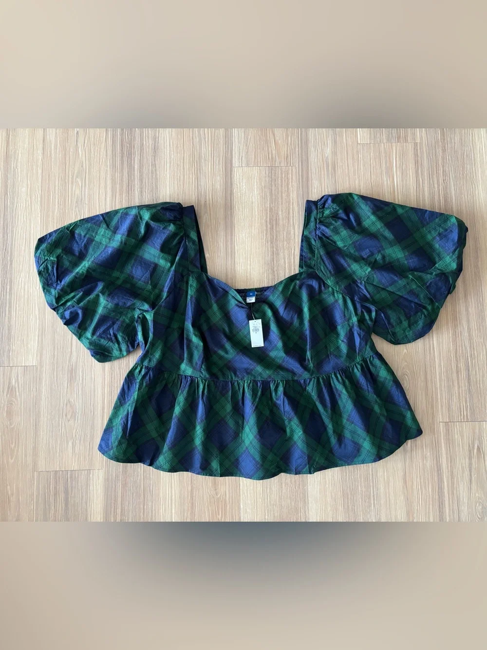 Old Navy Top Plaid Puff Sleeve Poplin Peplum Blue Green Womens 3X NWT Preppy